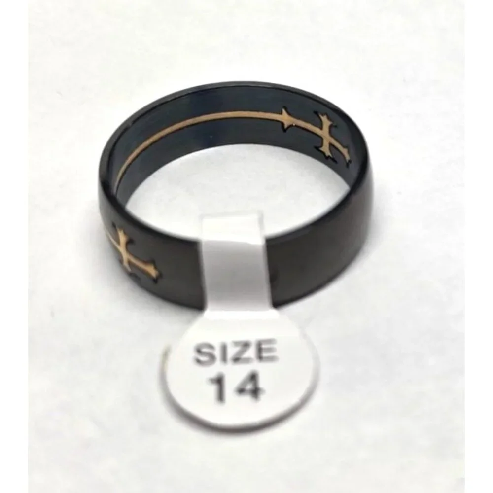 New Black Stainless Steel Ring Gold Tone Cross Inlay Size 14.5 Unisex Band Chris